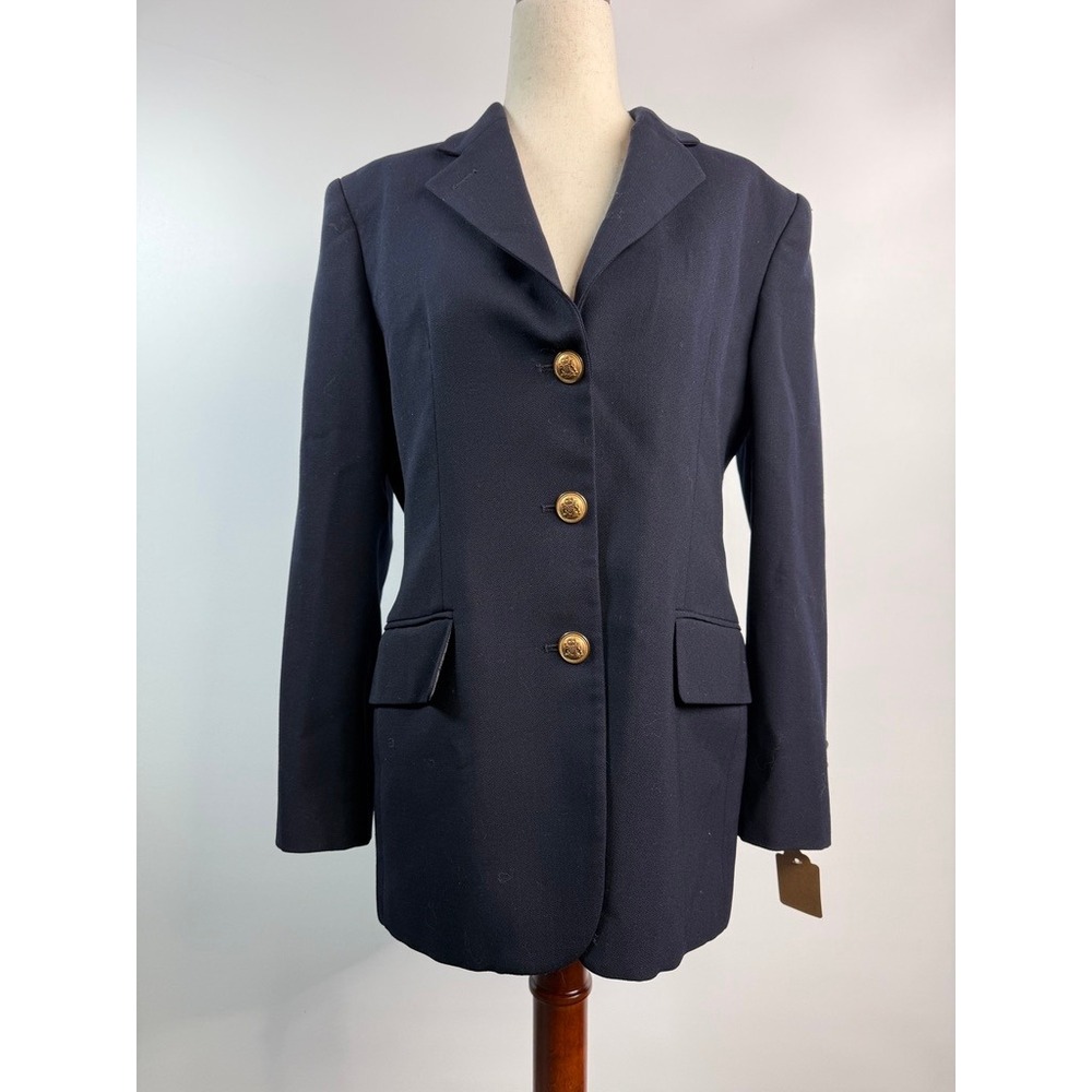 Lauren Ralph Lauren Navy Blue 100% Wool Blazer Gold Crest Buttons 8P Petite